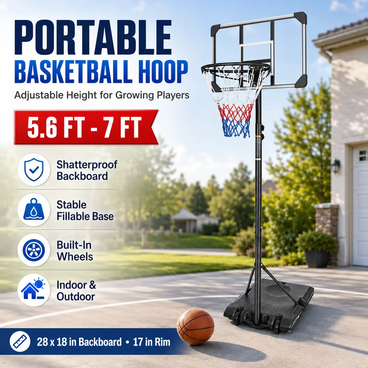 Portable Basketball Hoop for Kids & Teens, Adjustable 5.6-7FT Basketball Goal System with Wheels and Stable Base, Indoor Outdoor Basketball Stand, 28’’ Backboard