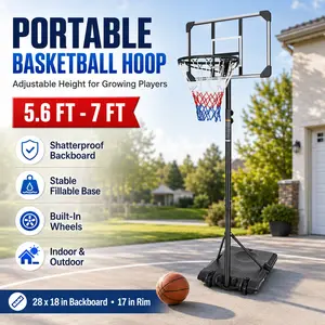 Portable Basketball Hoop for Kids & Teens, Adjustable 5.6-7FT Basketball Goal System with Wheels and Stable Base, Indoor Outdoor Basketball Stand, 28’’ Backboard