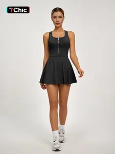 Women's Light Purple Sleeveless Zipper-Front Tennis Athletic Dress with Bra, Ideal for Sports & Fitness