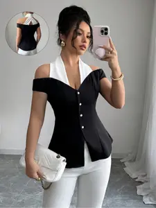 Women's Elegant Commuter Colorblock Off-Shoulder Halter Top, Summer Wear, Fitted, Stylish, Chic and Comfortable, Perfect for Office and Casual