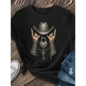 Women's Cowboy Graphic T-Shirt - Western Country Music Festival Tee - Maroon Shirt with Metallic Accents - Stretchy Casual Top for Everyday & Theme Parties - Machine Washable Round Neck Shirt