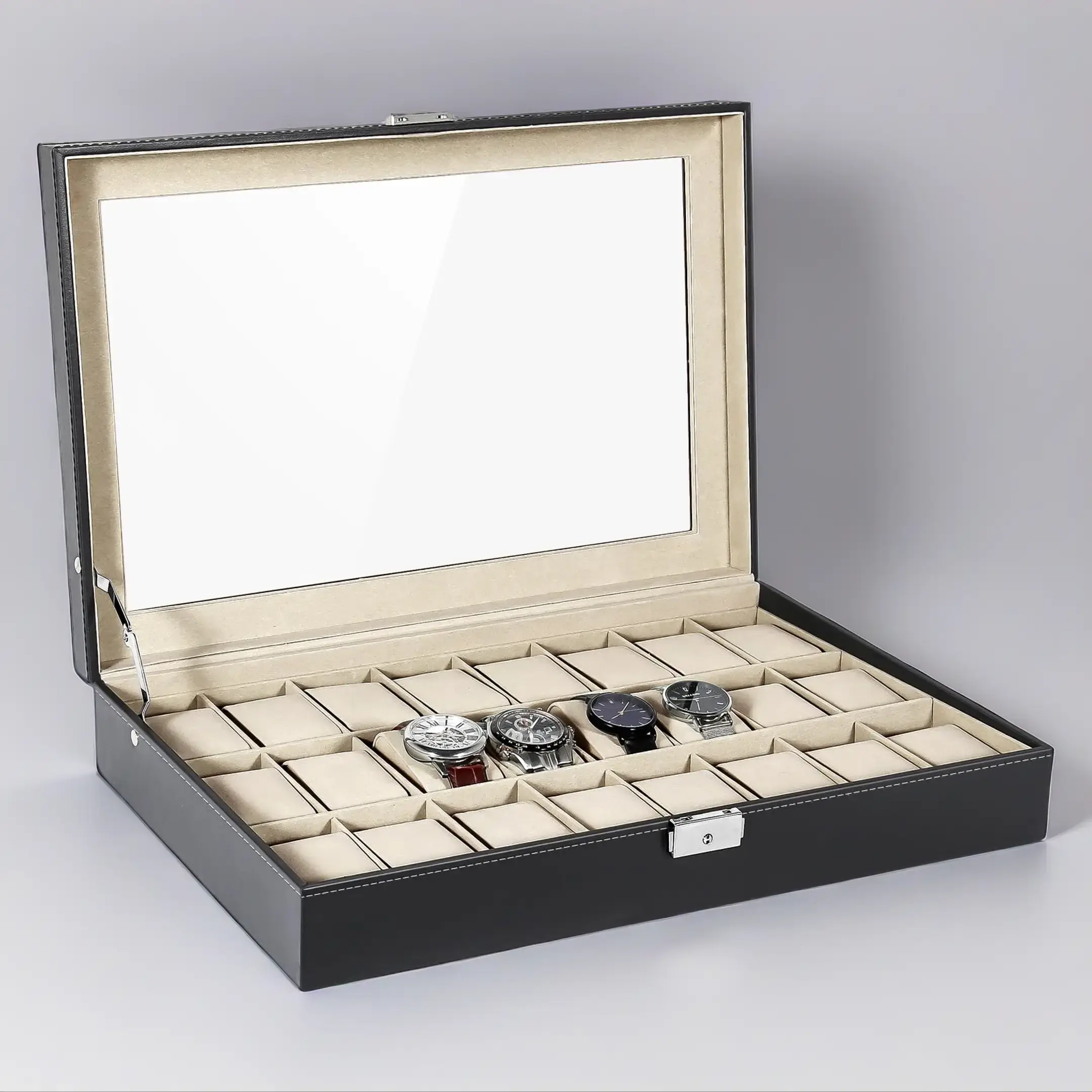 24-Slot Men’s Watch Box, Glass Top PU Leather Organizer with Removable Cushions and Push-Button Butterfly Clasp