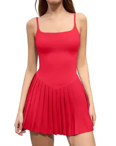 QINSEN Strappy Square Neck Tennis Dress for Womens Pleated Built in Shorts Golf Atheletic Dress with Pockets