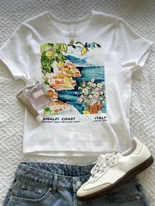 Women's Amalfi Coast Italy Print Short Sleeve T-Shirt, Vintage Summer Casual Crew Neck Tee for Beach Vacation