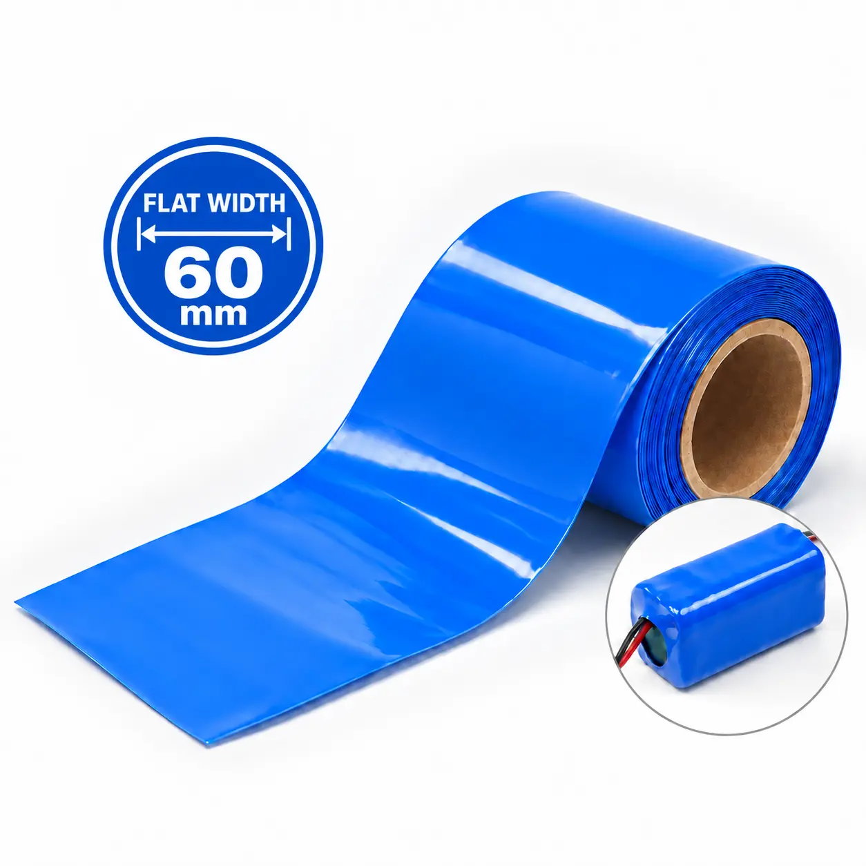 Battery Pack PVC Heat Shrink Wrap - 60mm Flat Width - 38mm Diameter - Blue