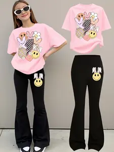Easter Girl Cartoon Rabbit Print Casual Sport Set, Fashion Cute T-Shirt Bell Bottoms Set, All Seasons Fitted Style Clothing Set