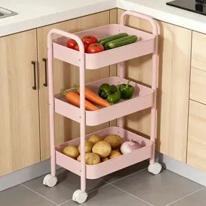Kitchen Rolling Cart with Wheels, 3 Tier Heavy Duty Metal Utility Cart with Double Handle and Lockable Casters, Mobile Storage Organizer for Snacks, Spices, Toiletries, Office Supplies, Laundry Room Essentials and Small Space Storage