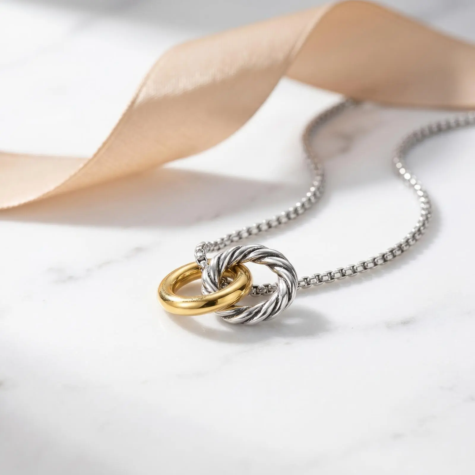 S925 Sterling Silver Color-Separation Double Ring Fine Chain Necklace - Elegant Trendy Neutral Artificial Gemstone Jewelry for Adults