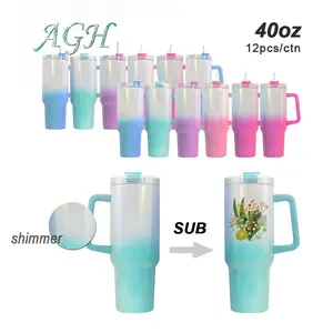 AGH 40oz Shimmer Ombre Sublimation Blank Handle Tumbler with Lid & Straw Keep Cold Coffee Stainless Steel Travel Mug Water Bottles Drinkware Flasks