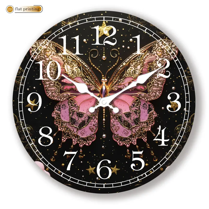 Butterfly-themed wall clock, gold embellished, acrylic silent wall clock - 2D flat print, suitable for living room, bedroom and home decoration, Easter, Ramadan, Valentine's Day gift (AA batteries not included)