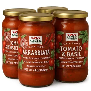 Sacla Red Italian Cherry Tomato Pasta Sauce Discovery Kit | Includes 4 Full Sized Jars | Classic Marinara, Tomato Basil, Spicy Arrabbiata & Tomato + Roasted Garlic | No Added Sugar, No Preservatives, Non-GMO | Authentic Sauce Kit Imported from Italy