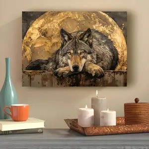 2D 1pc Thick Wooden Framed Canvas Art, Wolf Painting Art Print Poster- Canvas Wall Hanging Decor with Moon Background Home Office, Living Room, Bedroom- Modern Art Deco Style with Abstract Animal Theme, With Wooden Wrapped Frame.