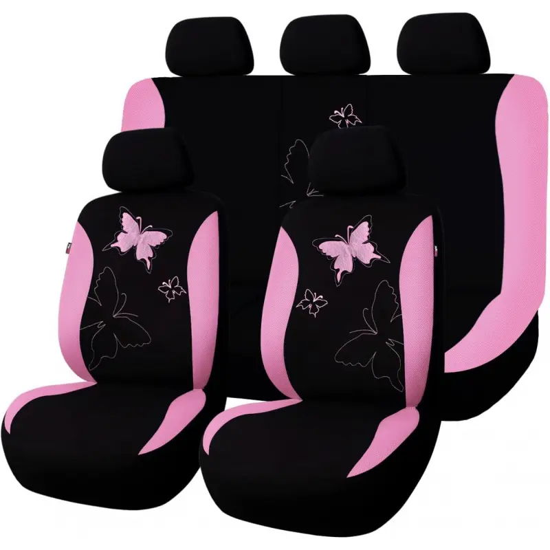 Women's Lace Butterfly Full Set Car Seat Cushions - Universal Fit, Split Rear Bench Seat Covers, Pink Colorized Car Interior Accessories, Back Seat Covers
