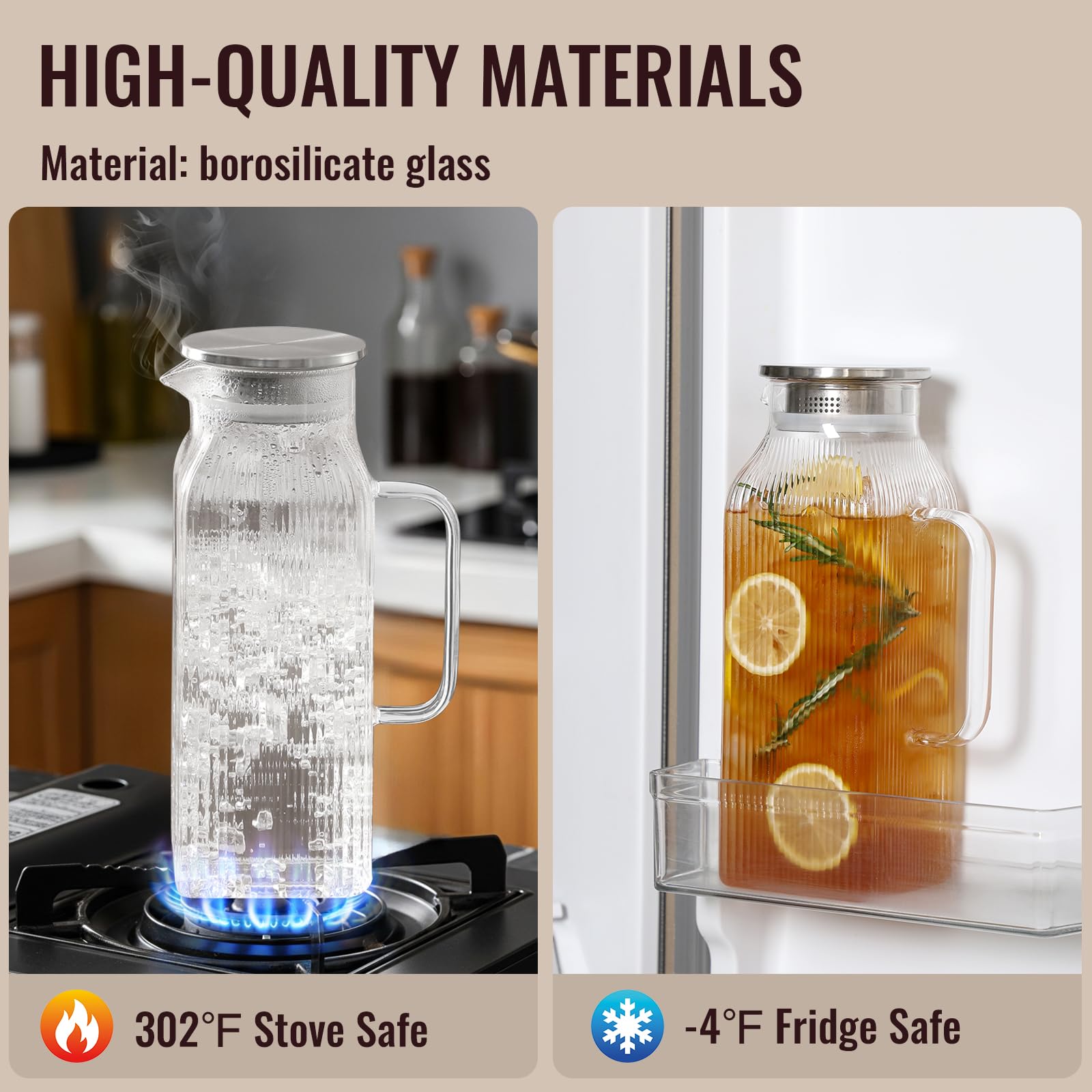 2-Pack Classic Stripes 68oz (2-Liter) Square Borosilicate Glass Pitcher Set, Silver Lids & Handles, Fridge-Safe Jugs for Hot/Cold Brew Drinks, Iced Tea