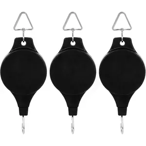 3Pcs Plant Hook Pulleys, Retractable Plant Hangers, Adjustable Height Wheel for Hanging Plants Heavy Duty, Indoor Outdoor Plant Hanger for Garden Baskets Pots (Black)