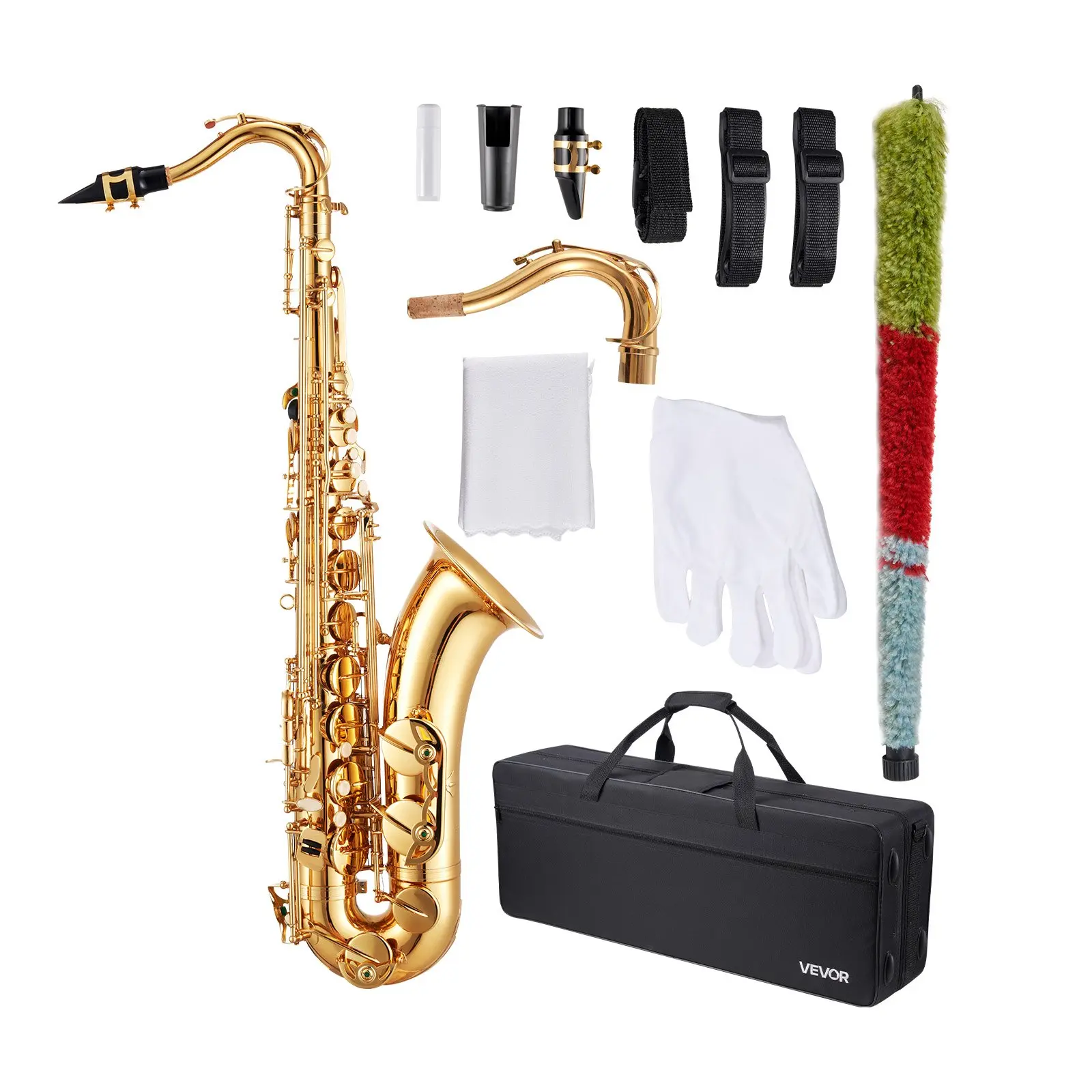 VEVOR B-Flat Professional Brass Tenor Saxophone Kit, 23-Keys Unisex Saxophones for Beginners, 12.35 lbs with Carrying Case, Mouthpiece, Straps, Cleaning Cloth, Gloves, Comfortable Shell Keys, Stable Sound Quality, Gold