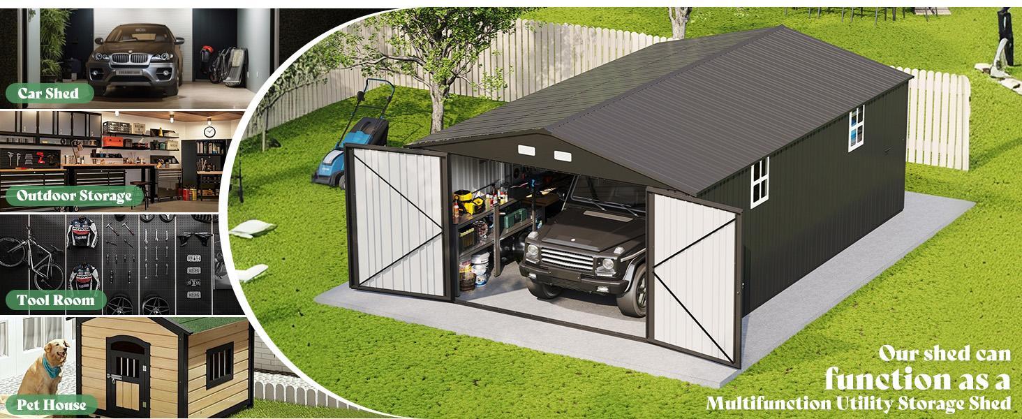[Spring Sale] AMERLIFE Outdoor Storage Shed, Huge Metal Garage Shed with 2 Double Hinged Doors and 4 Windows, Carport for Car, Truck, Bike, Garbage Can and Lawnmower, Dark Grey/Best Gift Ideas/Christmas Gifts