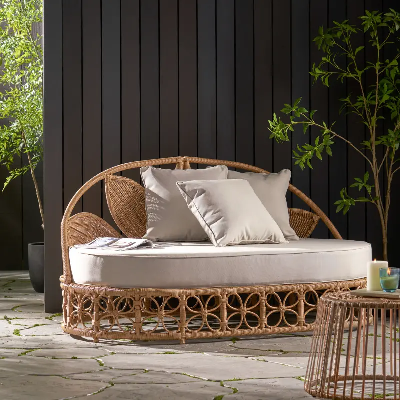 [SOIYELIFE] Sofa Daybed Outdoor daybed with light brown wicker woven finish and floral pattern, waterproof cushion + 3 pillows, curved backrest lounge chair can be your place to rest and relax Suitable for patio/poolside Indoor and outdoor