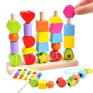 Wooden Beads Sequencing Toy Set, Multi Activity Playset, 1 Set Stacking Blocks & Lacing Beads & Matching Shape Stacker Toy, Early Education Toy for Kids