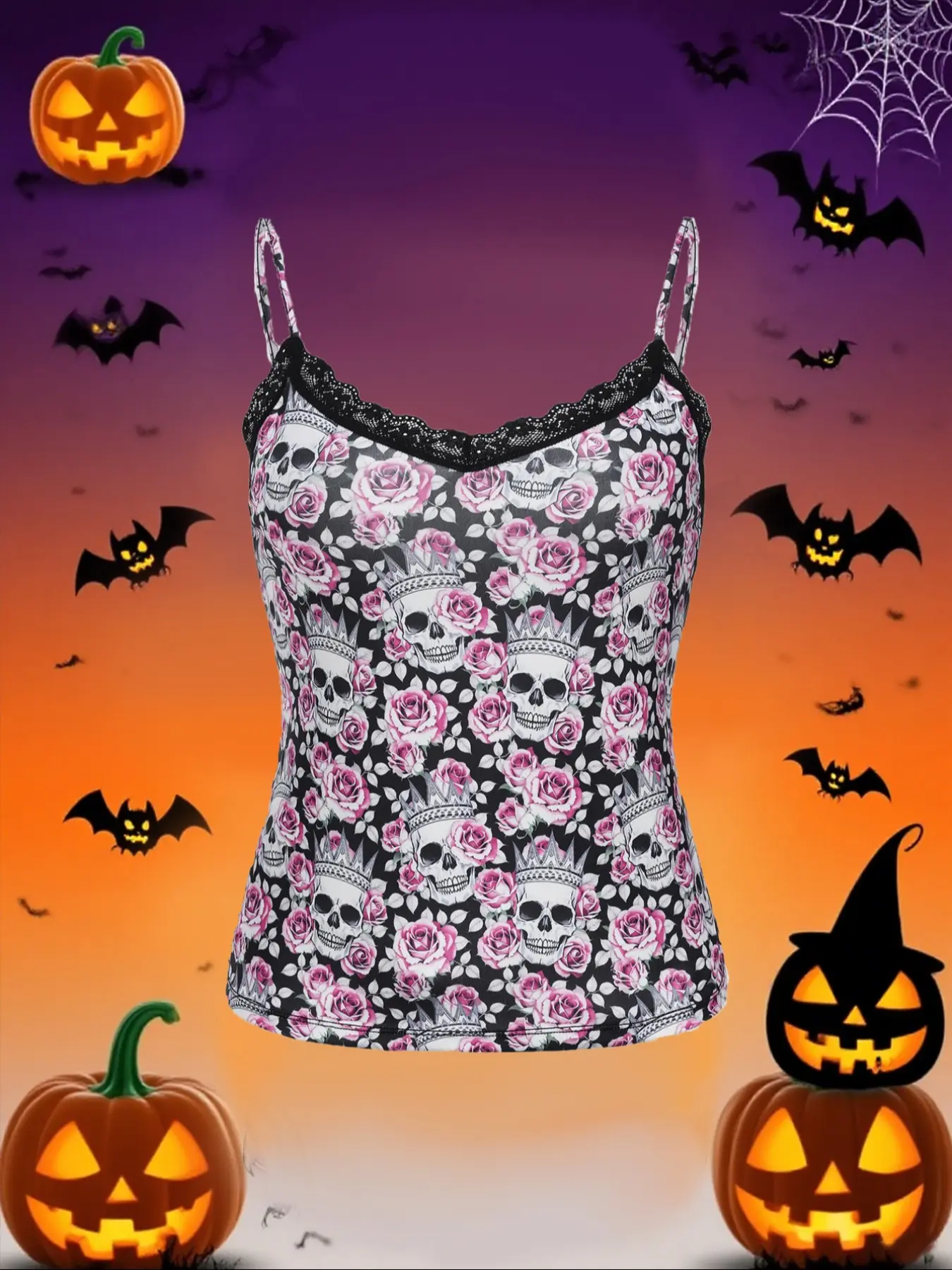 Morvia Women's Halloween Skull Print Contrast Lace Cami Top, Fashion Casual Sleeveless Spaghetti Strap Top for Daily Wear, Ladies Clothes for Summer, Womenswear