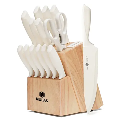 NULAS 15-Piece Kitchen Knife Block Set with Built-In Sharpener Hardwood Block, Rust-Resist Steel Blades for Cutting Tasks, 6 Steak Knives, Bread-Cut Serrated Slicer, Dishwasher Safe, Ergonomic Anti-Slip Beige Handles