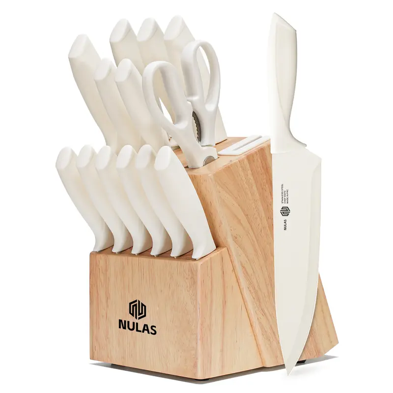NULAS 15-Piece Kitchen Knife Block Set with Built-In Sharpener Hardwood Block, Rust-Resist Steel Blades for Cutting Tasks, 6 Steak Knives, Bread-Cut Serrated Slicer, Dishwasher Safe, Ergonomic Anti-Slip Beige Handles