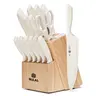 NULAS 15-Piece Kitchen Knife Block Set with Built-In Sharpener Hardwood Block, Rust-Resist Steel Blades for Cutting Tasks, 6 Steak Knives, Bread-Cut Serrated Slicer, Dishwasher Safe, Ergonomic Anti-Slip Beige Handles