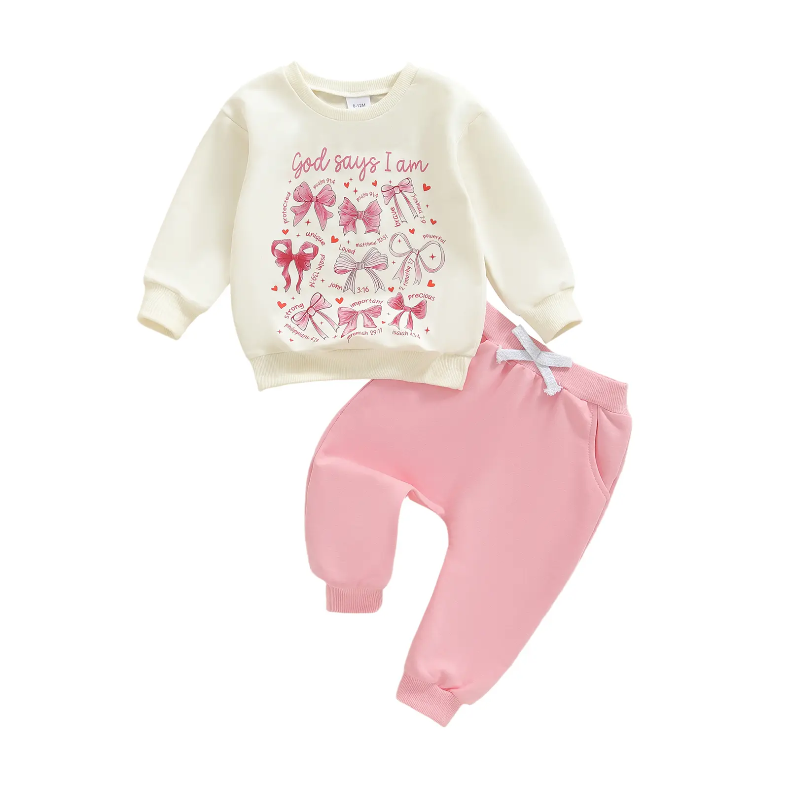 Toddler Girl Easy 2-Piece Cotton Blend Baby Clothing Set - Long Sleeve Crew Neck Sweatshirt & Pants, Fall Outfit with Christian Letter Bow Print, 6-12 Months to 2-3 Years