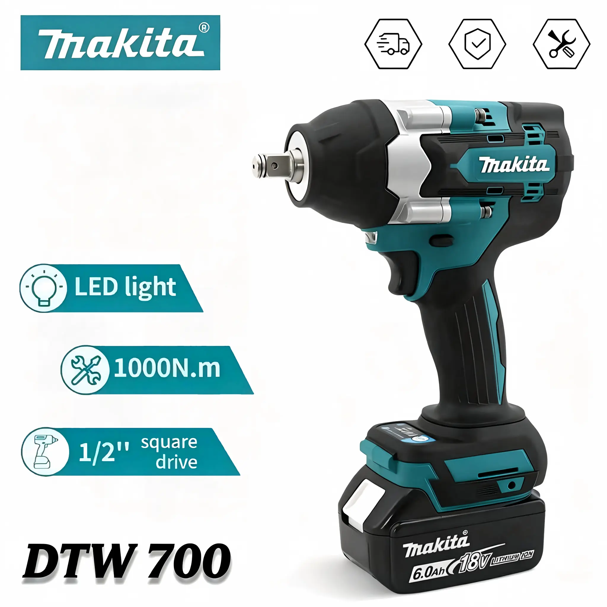 Makita DTW700 Rechargeable High-Torque Impact Wrench Charger Kit - Compact Ergonomic Design, Stepless Speed Trigger, 1-Touch Forward-Reverse Button for Construction, DIY Projects