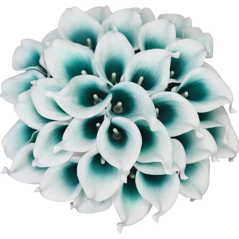 Mini Artificial Calla Lily 10 Stem Bridal Bouquets Artificial Latex Real Touch Flowers for Home Party Decor (Teal Blue White)