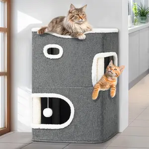 YITAHOME 2 Storey Cat House, Cat Beds for Indoor Cats, Small Condo with Scratch Post and Hideaway Cave, Modern Cat Cube Playhouse for Kittens, Grey