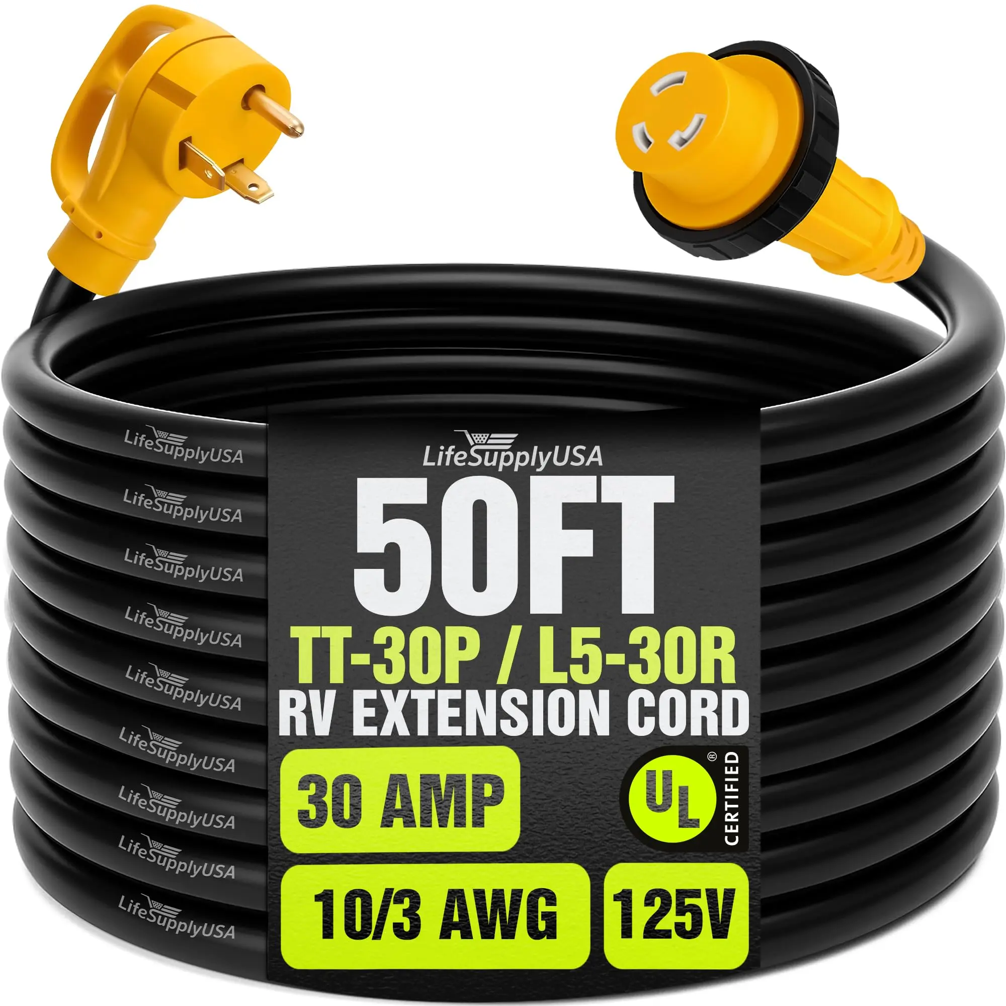 15FT - 50FT RV Extension Cord with Twist-Lock Connector and Easy Grip Handle - 125 Volt - Heavy Duty - ETL Listed, STW, by LifeSupplyUSA