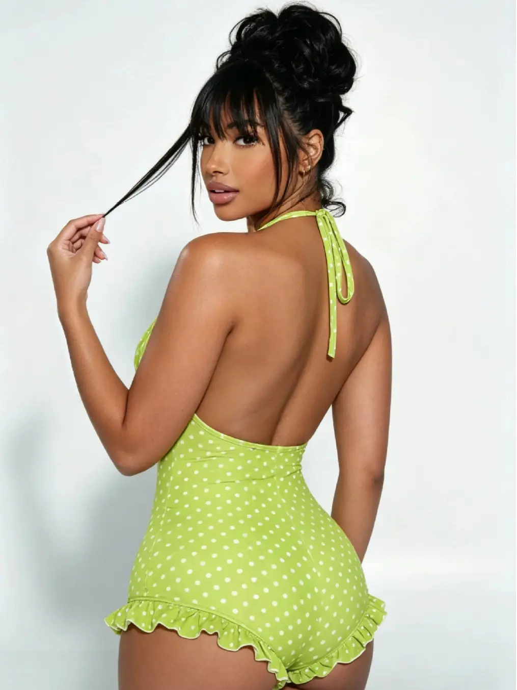 Women's Lime Green Polka Dot Swimsuit, Retro Halter Deep V Backless Romper with High Waisted Tummy Control Ruffled Shorts, High Waisted Swimsuit, Swimwear Bathing Suit, Fashion Chic Swimsuit
