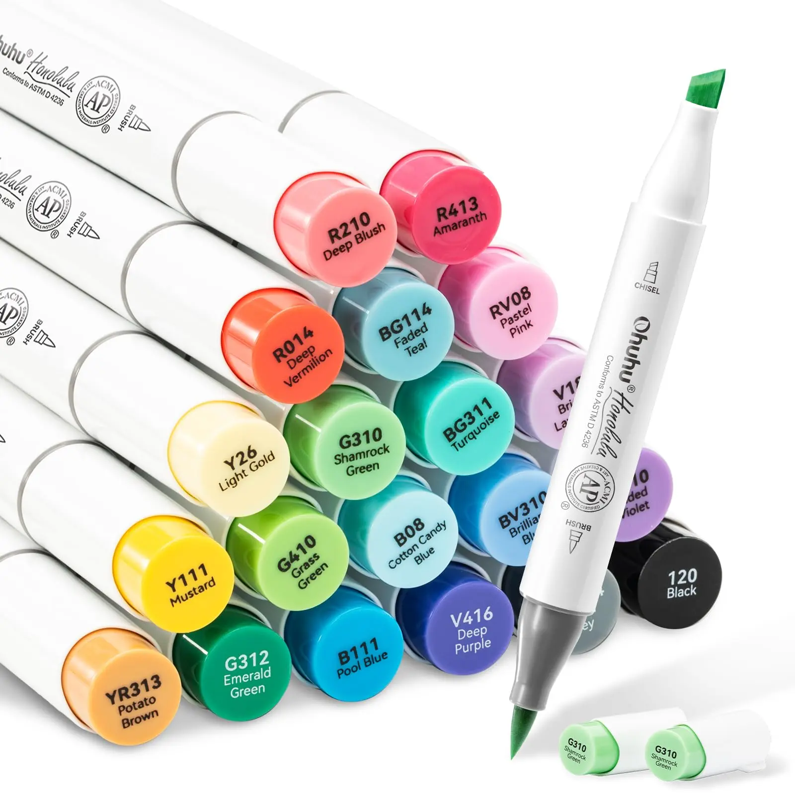Ohuhu Alcohol Markers: Brush and Fine / Chisel Dual Tips - 24 Basic Colors - Double Tipped Alcohol Based Art Marker Set for Artist Sketching Adult Coloring Illustration - AP Certificated - Honolulu & B Series of Ohuhuart