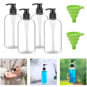 4 empty plastic dispensing bottles with 2 dispensing tools 16oz/500ml portable transparent shampoo lotion hand pump bottle durable refillable container