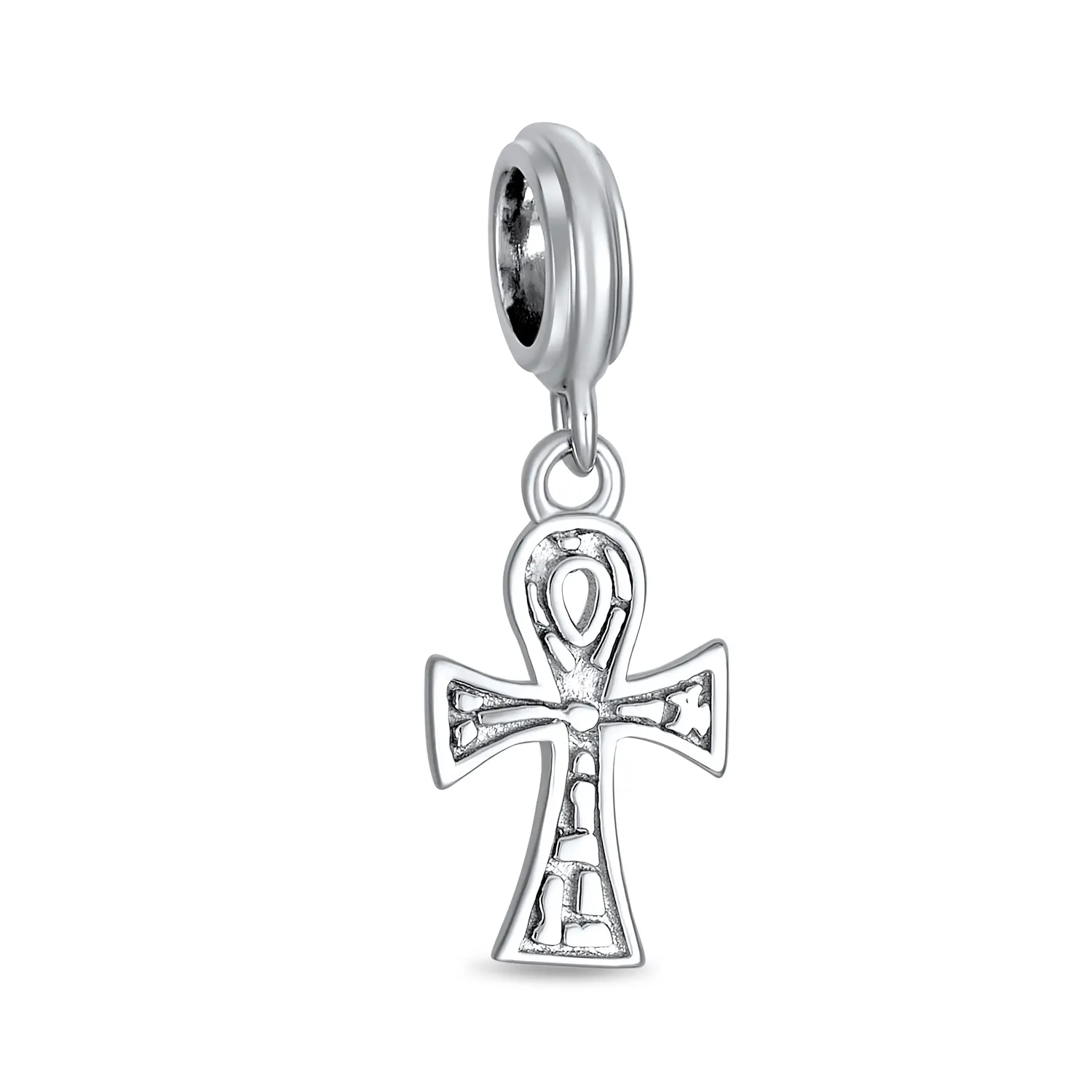 Sterling Silver Religious Key Of Life Egyptian Ankh Cross Dangle Charm Bead Oxidized for Bracelet