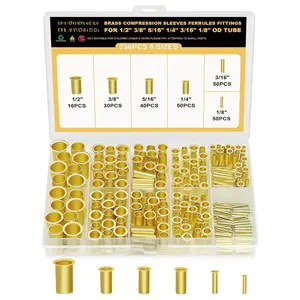 236 count Brass Compression Tube Inserts for OD 1/2" 3/8" 5/16" 1/4" 3/16" 1/8", 6 Sizes Tubing Insert Brass Ferrule Fitting Assortment Kit