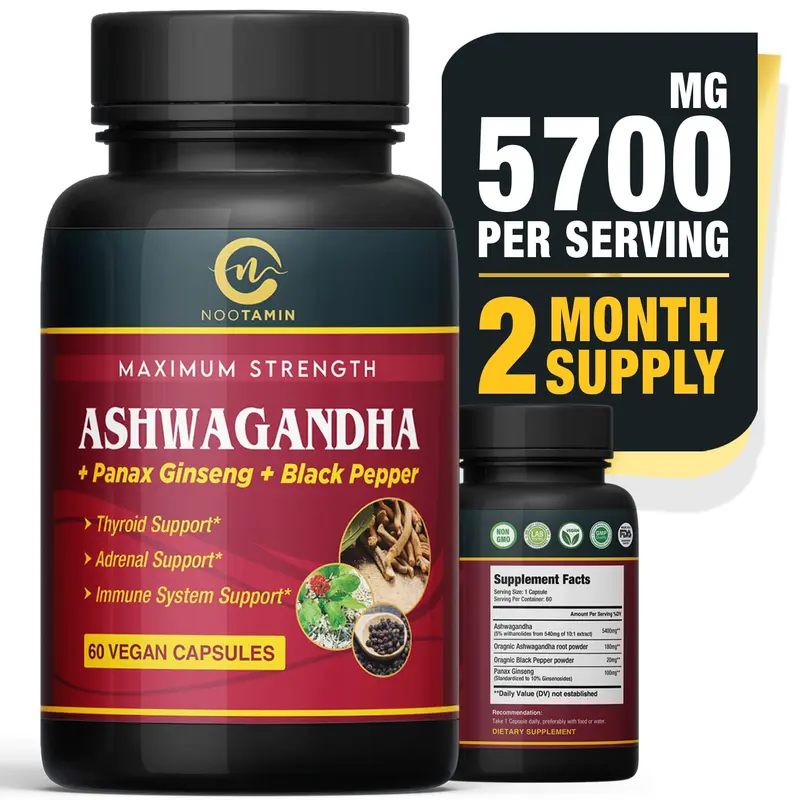 Naturals Organic India Ashwagandha Capsules 5700mg - 60 Vegan Capsules with Panax Ginseng + Black Pepper Supporting Focus, Cognitive Function, Immune & Thyroid Support - 2 Months Supply Healthcare Supplement