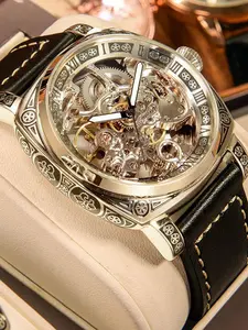 Men's gold automatic mechanical watch, hollowed-out carved skull disk Roman numerals and world clock function-luxury round watch for leisure and formal occasions