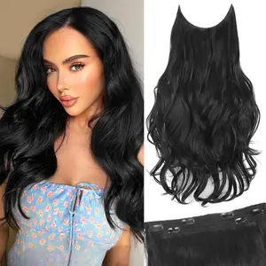 Invisible Wire Hair Extensions 20 Inch Long Wavy Layered Synthetic Clip in Hair Extensions with Transparent Wire Adjustable Size 6 Secure Clips Dark Brown Thick Hairpieces for WomenTies