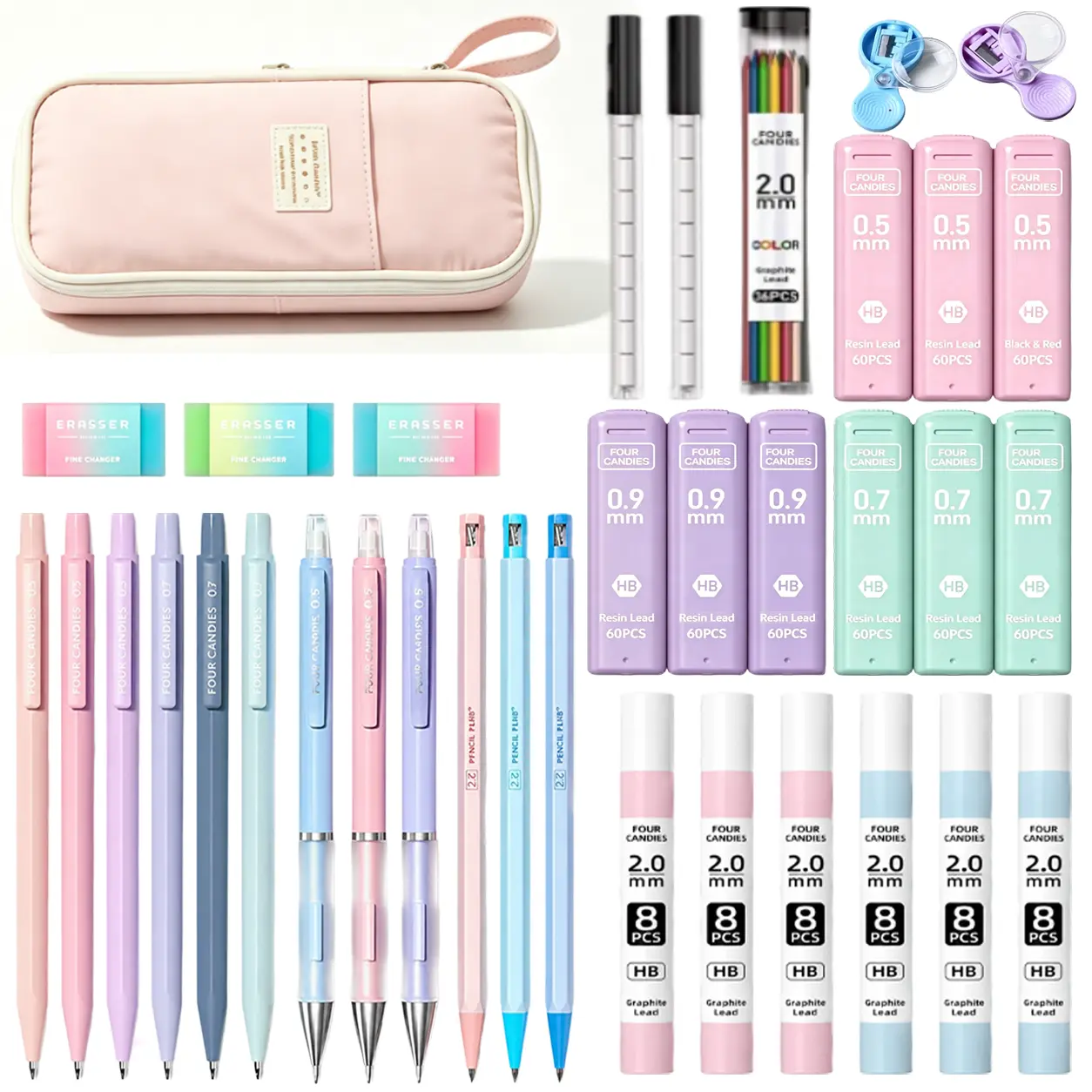 Four Candies 36PCS Aesthetic School Supplies, Mechanical Pencils 0.5mm, 0.7mm, 0.9mm & 2.0mm with 624PCS Lead Refills, Cute Mechanical Pencils for Writing, Drawing & Drafting, Student Essentials, Back to School Supplies Shopping