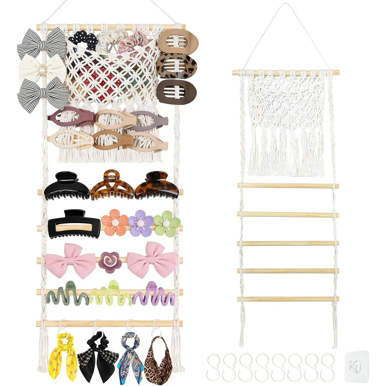 Hair Claw Clip & Headband Holder Organizer, Large Capacity Mesh Pocket for Scrunchies Hair Ties, Wall/Door Hanging Storage with Adhesive Hook, Hair Accessories Organizer for Girl Baby Room Decor
