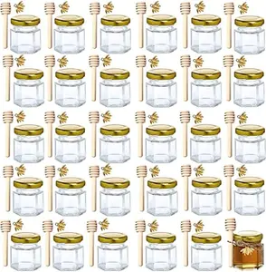 1.5 oz Hexagon Mini Glass Honey Jars -30Pack Honey Jars with  Dipper,  Lid, Bee Pendants, Jutes -  for  Shower, Wedding Favors, Party Favors