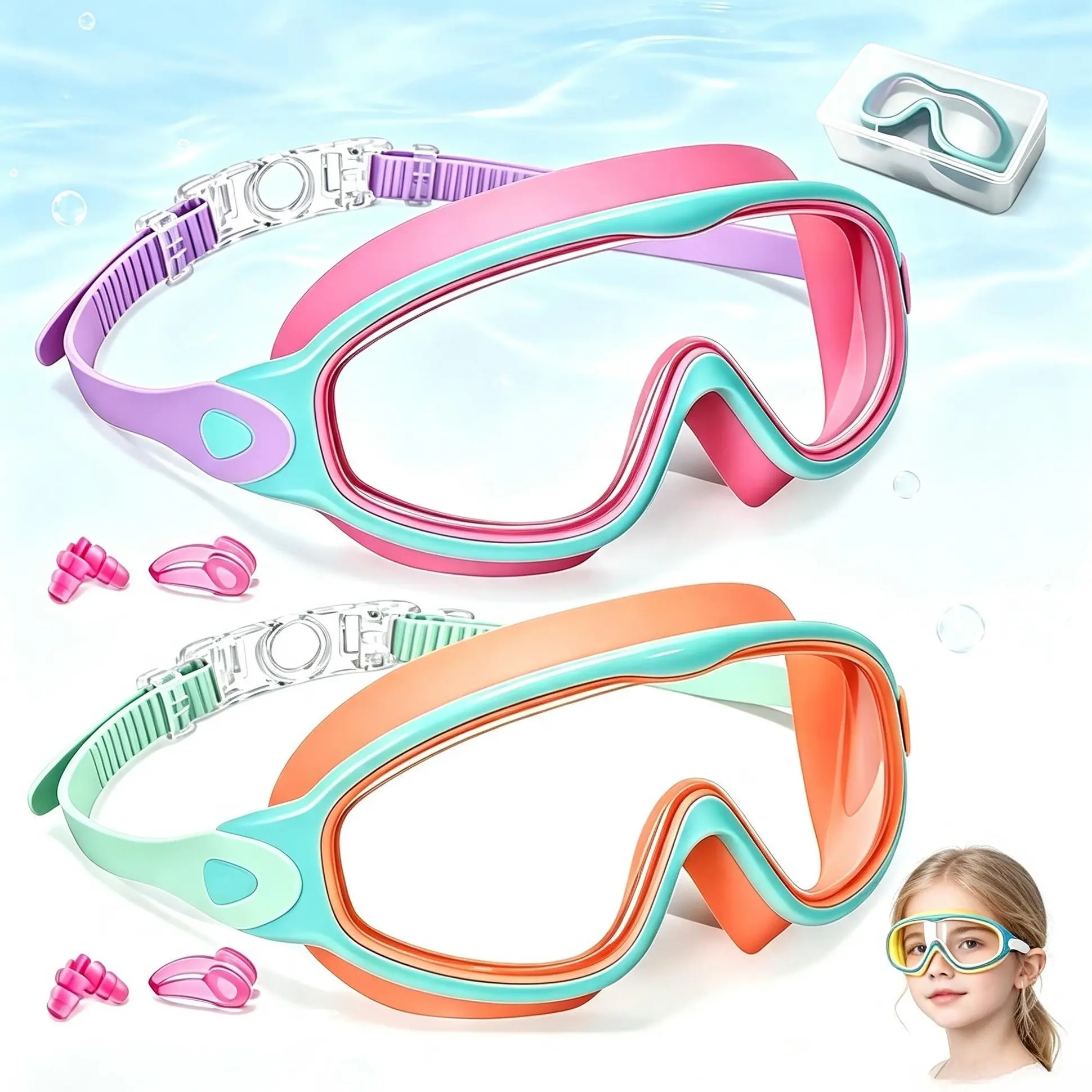 Boys/Girls 2-Pack Swimming Goggles (Ages 3-15+), Full Face Mask, Adjustable Straps, Anti-Fog HD Lens, UV Protection, Waterproof, Includes Earplugs & Nose Clip, Ideal for Pool & Beach Use