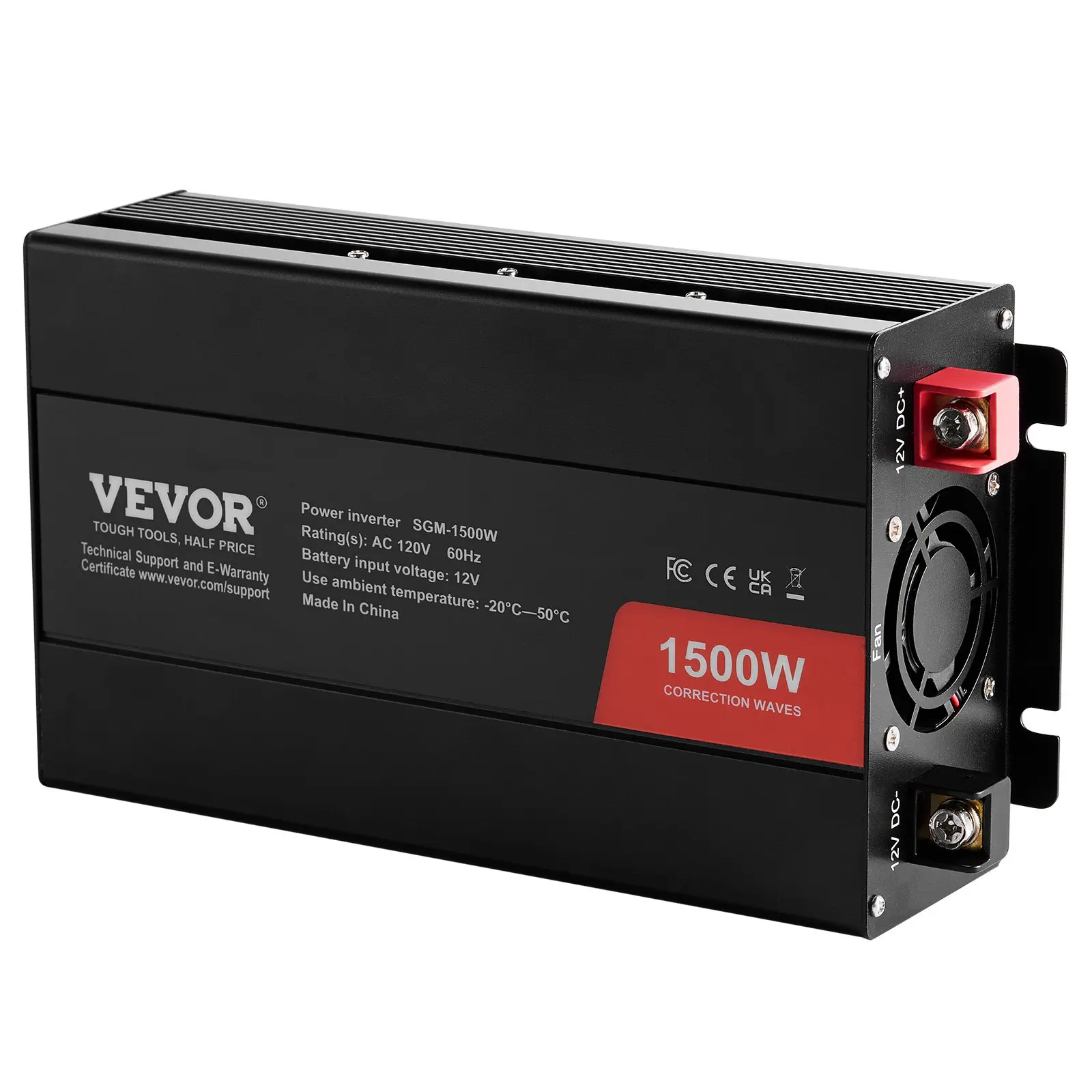 VEVOR 1500W Max Modified Sine Wave Aluminum Inverter - DC 12V to AC 120V Power Supply, 2 AC Outlets, 2 USB Ports, 1 Type-C Port, Includes 6 Spare Fuses, Intelligent Temperature-Controlled Fan, Copper Wires, Overload Safe, 4.9 lbs, Flexible Use, Includes F