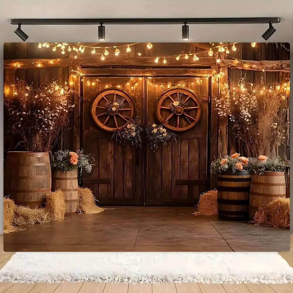 Farmhouse Style Wooden Barrel & Wheel Design Rectangular Polyester Backdrop - 1 Count Lightweight Party Banner, Photo Prop Background Cloth, Indoor/Outdoor Decoration