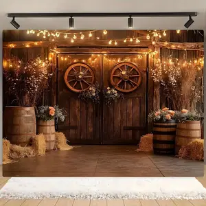 Wooden Barrel & Wheel Design Wall Hanging Backdrop, 1 Count Farmhouse Style Party Banner, Photo Props Background Cloth, Indoor & Outdoor Decoration