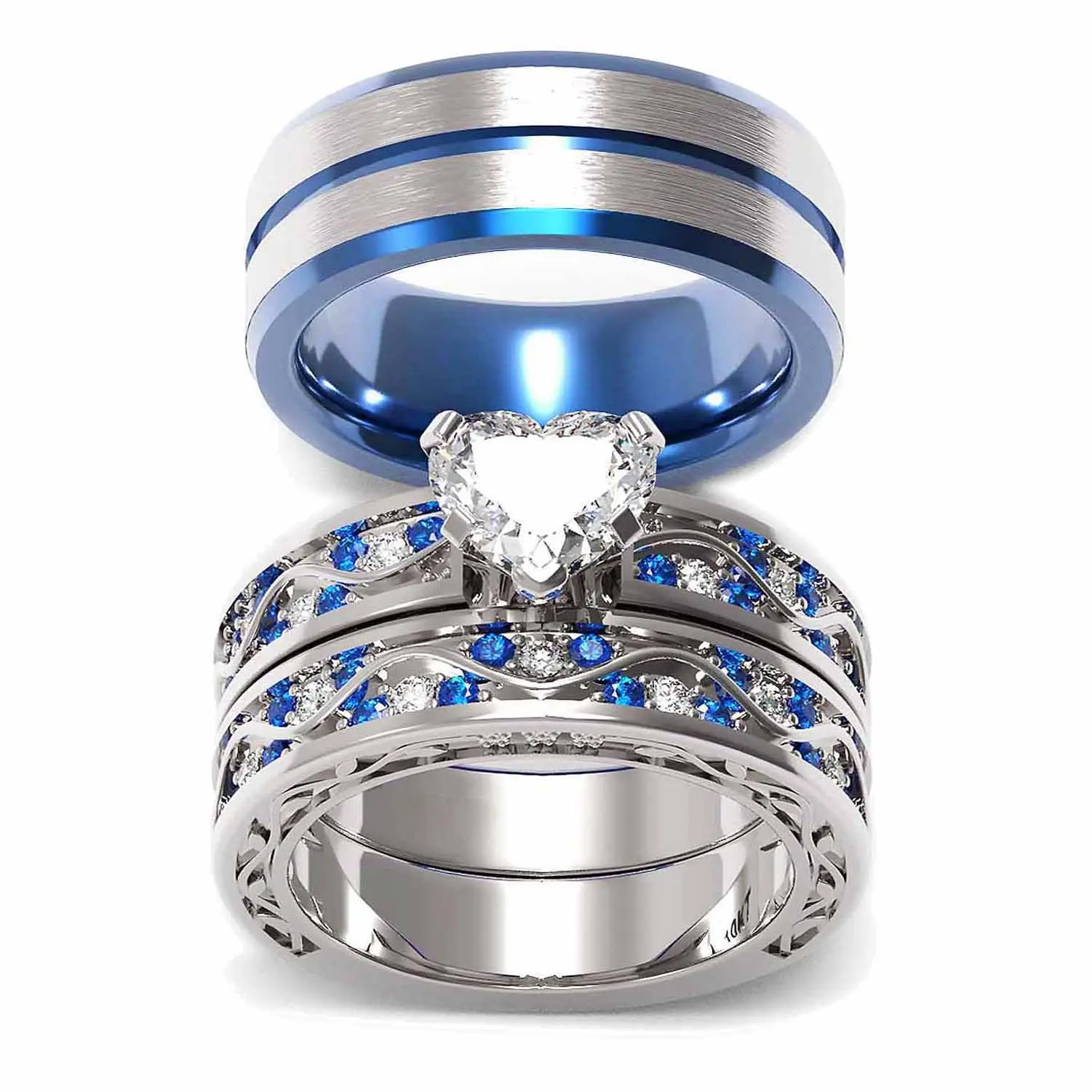Ringcrown 2-Piece Hypoallergenic Nickel-Free Wedding Ring Set, His Hers Bridal Bands - Women's White Gold Plated Heart Moissanite, Men's Tungsten Steel with 5-Layer Plating Protection AAA CZ, Hypoallergenic Ring, Two Piece Set