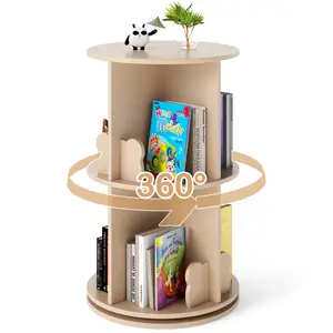 COSTWAY - 2 Tier Freestanding Kids Rotating Bookshelf Storage Rack with Bear Baffles-Natural