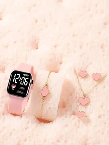 5PCS Valentine Heart Pattern and Square Digital LED Watch Set, Perfect Gift for Couples with Heart Bracelet Necklace Earrings, Great for Christmas Graduation Back to School, Couples Jewelry Set